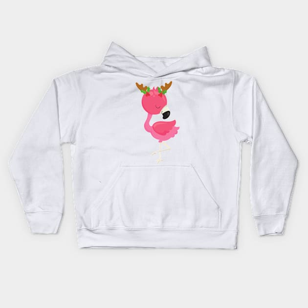 Christmas Flamingo, Pink Flamingo, Antlers, Bird Kids Hoodie by Jelena Dunčević